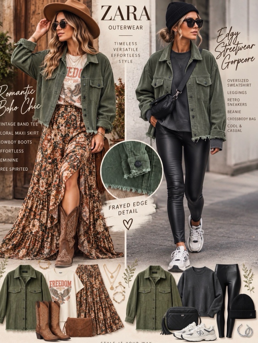ZARA Olive Green Corduroy Raw Hem Oversized Utility Shacket Jacket S